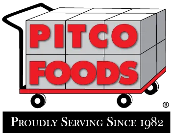 Logo of pitco food featuring bold red text on a gray cart, with the tagline "Proudly Serving Since 1982" below.